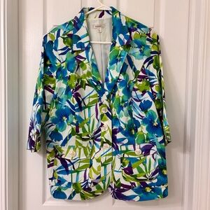 Dressbarn Purple Blue Green Tropical Floral Blazer Jacket 3/4 Sleeve Sz 14/16